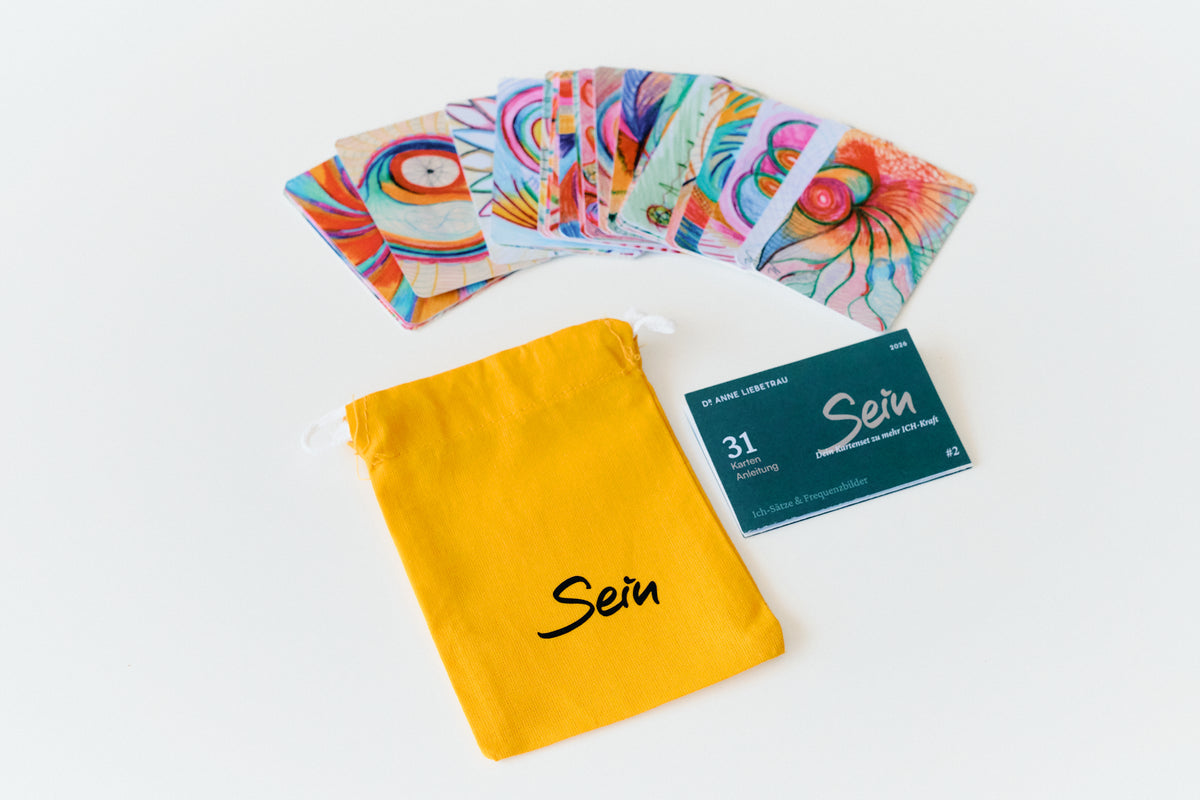 Aufgefächerte Frequenzkarten SEIN im Postkartenformat mit gelbem Beutel