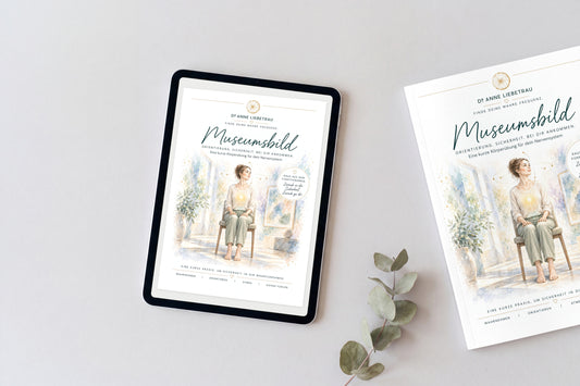 Tablet mit dem Cover des Begleithefts Museumsbild von Dr. Anne Liebetrau, daneben das ausgedruckte Heft und ein Eukalyptuszweig